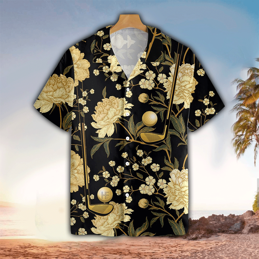 Bracken Shopping Luxury Black And Gold Floral Golf Club And Ball Hawaiian Shirt, Hawaii Shirt Men, Aloha Shirt